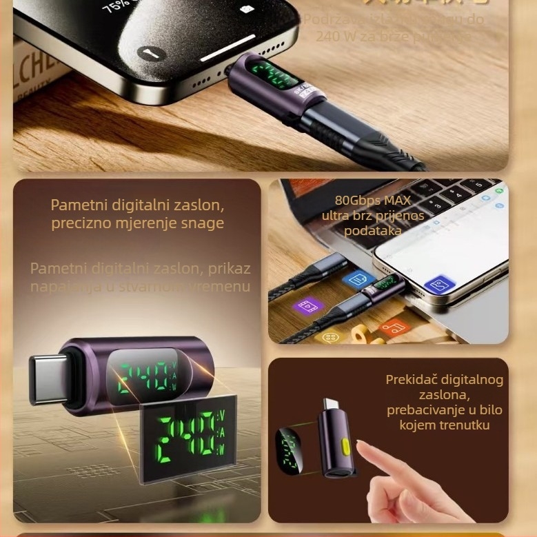 USB4.0 V2.0 puni funkcionalni vizualni prekidač s digitalnim zaslonom, adapter, 240 W PD brzo punjenje, 80 g
