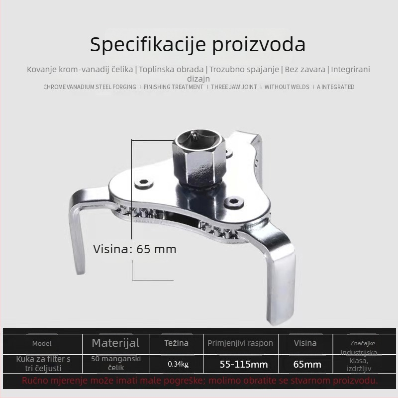 Dvostruki ključ za filter ulja automobila, s ravnim i kružnim trozupnim dizajnom, alat za demontažu ulj­nog filtera, od čelika 50# s kromom.