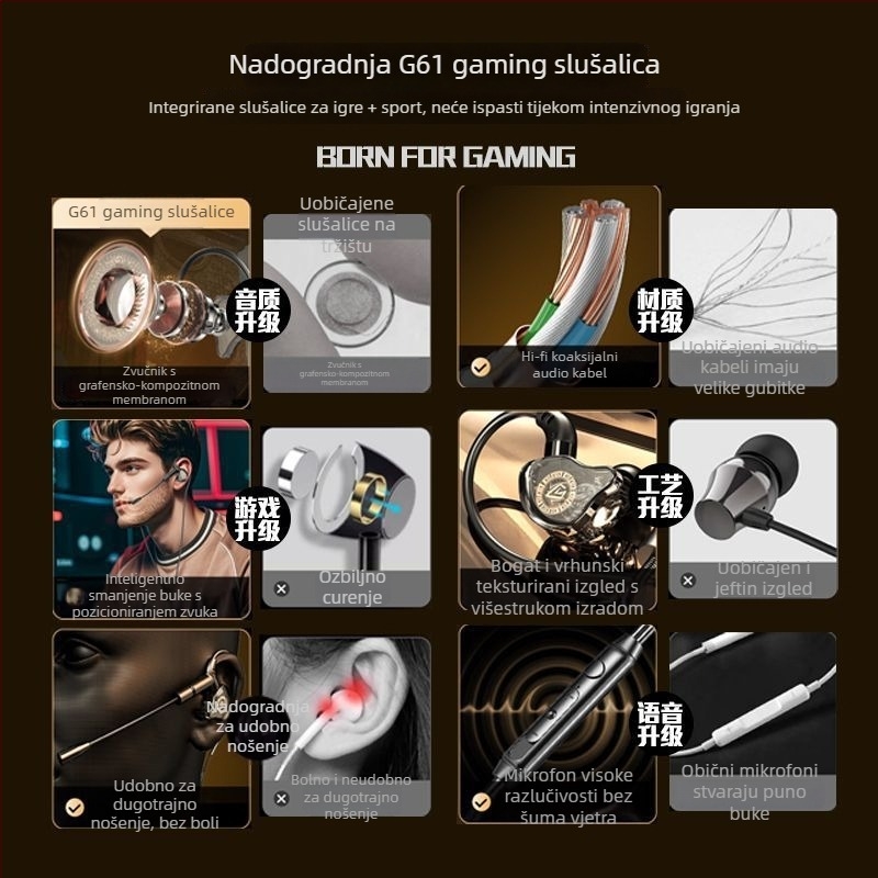 Slušalice za igranje s mikrofonom, in-ear, žične, 3,5 mm, za mobilne uređaje i PC, prostorni zvuk
