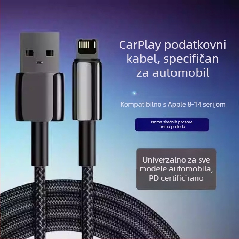 Pleteni Lightning kabel za iPhone i iPad, duljina 1–2 m, automobilno punjenje, brzo punjenje, PD kompatibilan, crni