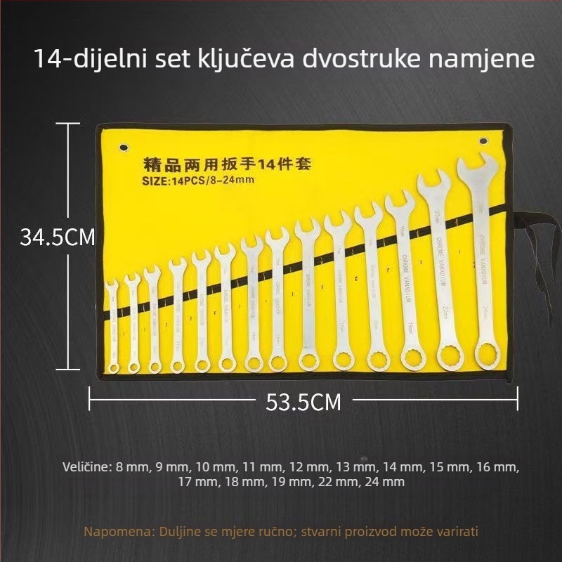 Crni set ključeva od 14 komada s matiranim otvorenim krajevima, auto popravak, 8–24 mm