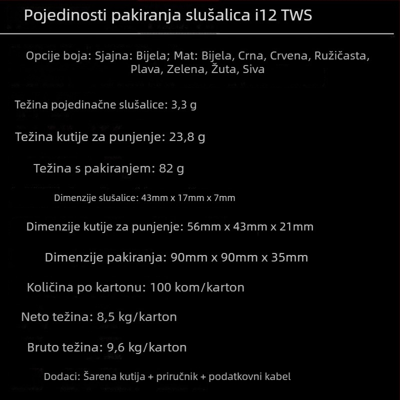 I12 bežične Bluetooth slušalice, TWS, dodirna kontrola, macaron boje, Bluetooth 5.0