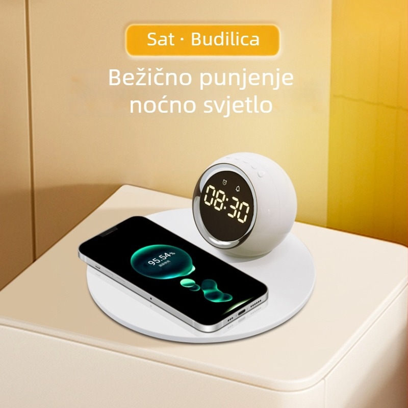 15W bežično punjenje s budilicom i noćnim svjetlom – tri u jednome, minimalistički dizajn