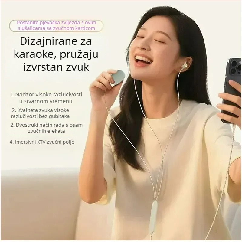 Karaoke slušalice s ugrađenom kartom za monitoriranje i mikrofonom, sve-u-jednom za snimanje i livestream, visokokvalitetan zvuk, žični Type-C priključak
