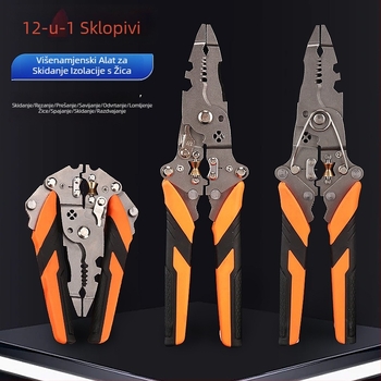 Sklopive 12-u-1 univerzalne kliješta za skidanje izolacije kablova — električarske višenamjenske kliješta za rezanje, skidanje izolacije, navijanje i utiskivanje