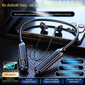 Bežične slušalice oko vrata s Bluetoothom, poluin-ear dizajn, sportske, dugotrajna baterija, 3D zvuk i snažan bas