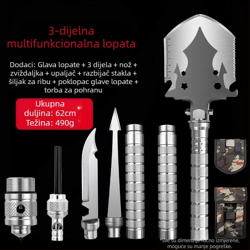 Višenamjenska inženjerska lopata, sklopiva, ojačana, za kampiranje i ribolov