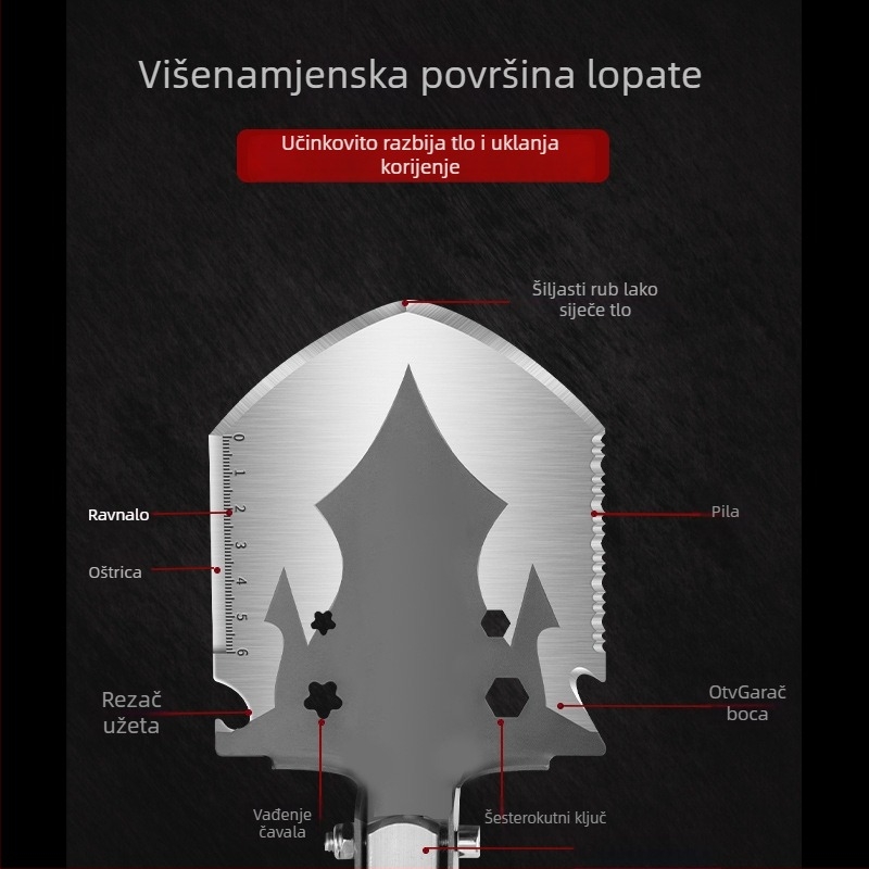 Višenamjenska inženjerska lopata, sklopiva, ojačana, za kampiranje i ribolov