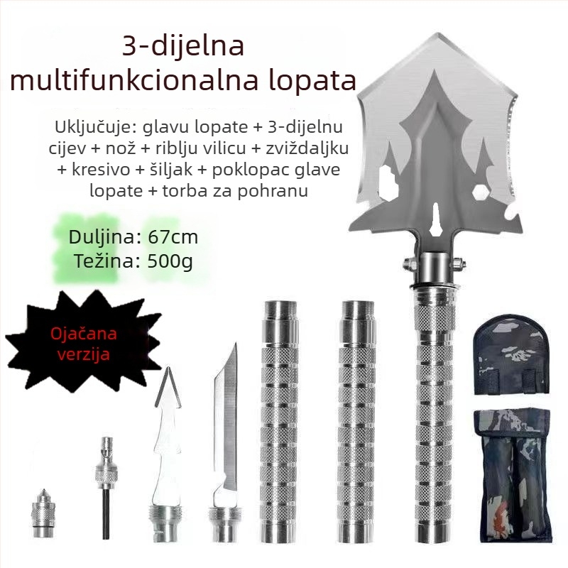 Višenamjenska inženjerska lopata, sklopiva, ojačana, za kampiranje i ribolov