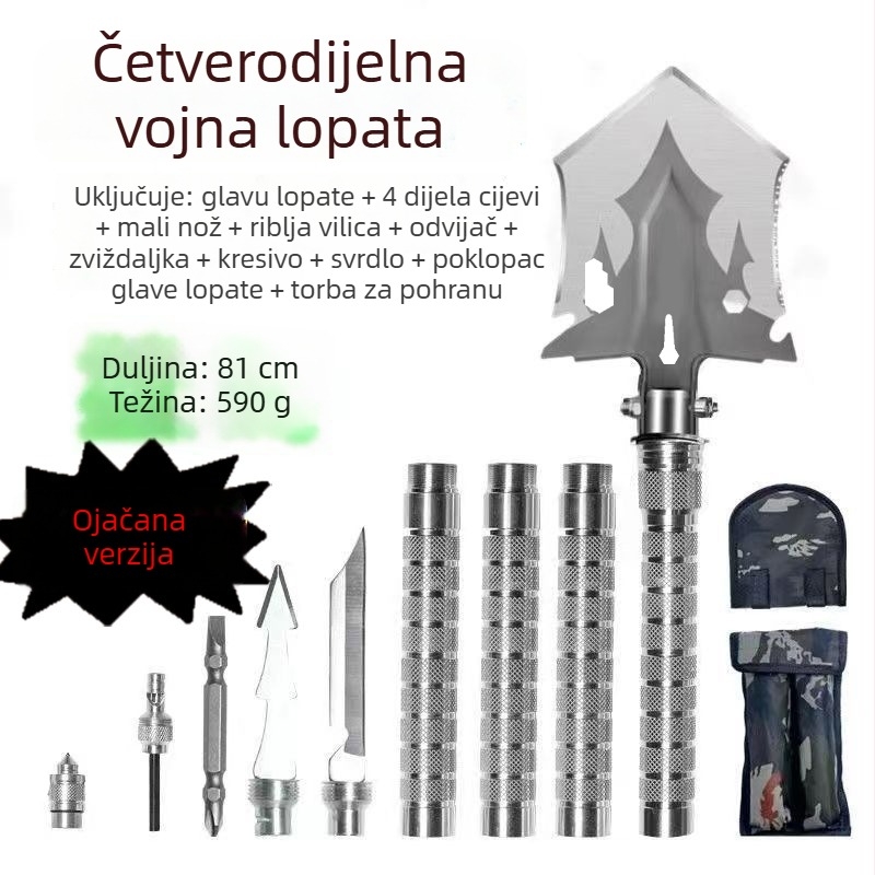 Višenamjenska inženjerska lopata, sklopiva, ojačana, za kampiranje i ribolov