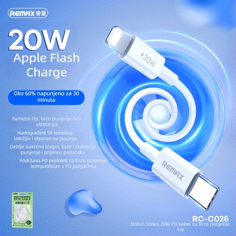 Remax Dongfeng serija 1 m USB-C/Lightning kabel za brzo punjenje 20W, bijela