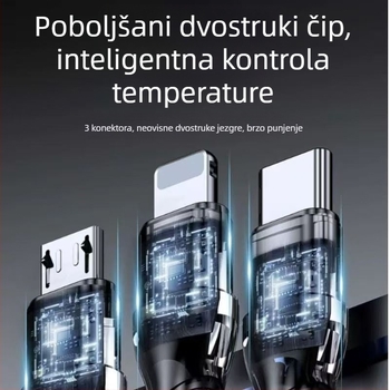 Pleten USB-C kabel 3-u-1, 120W, brzo punjenje, kompatibilan s Huawei i Apple uređajima