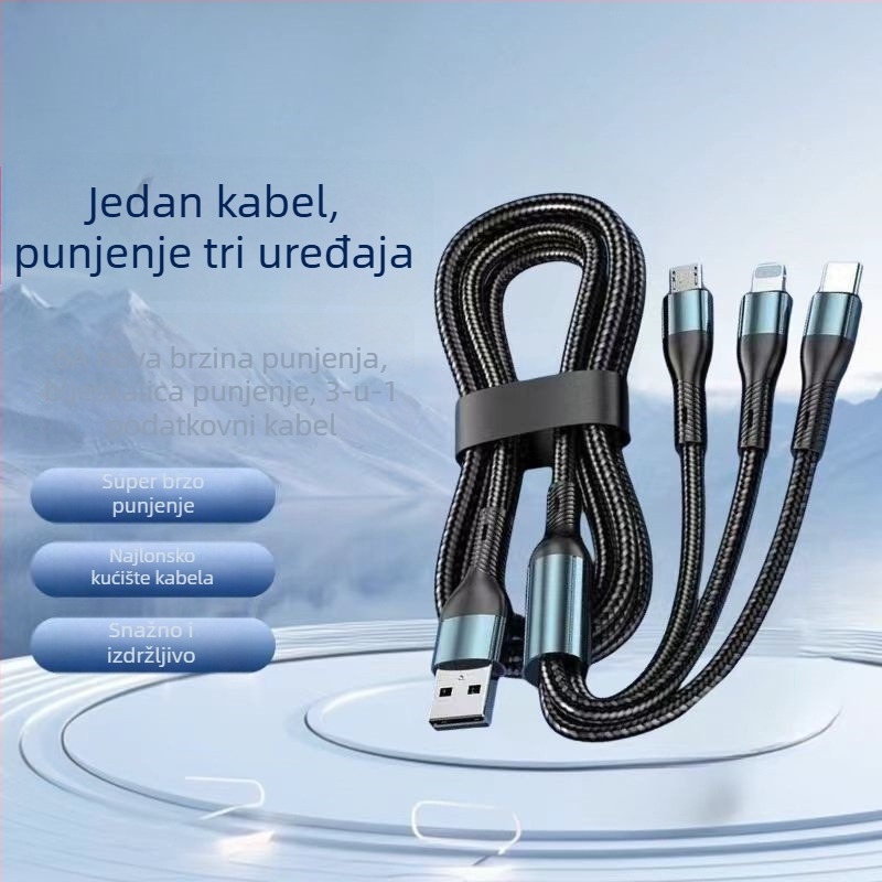 Pleten USB-C kabel 3-u-1, 120W, brzo punjenje, kompatibilan s Huawei i Apple uređajima