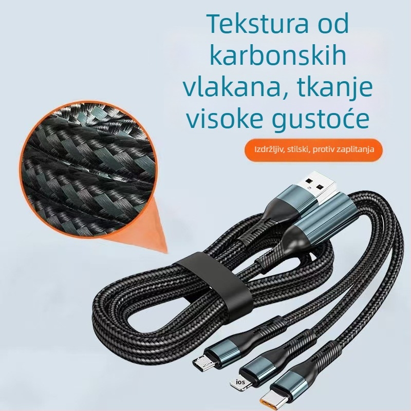 Pleten USB-C kabel 3-u-1, 120W, brzo punjenje, kompatibilan s Huawei i Apple uređajima