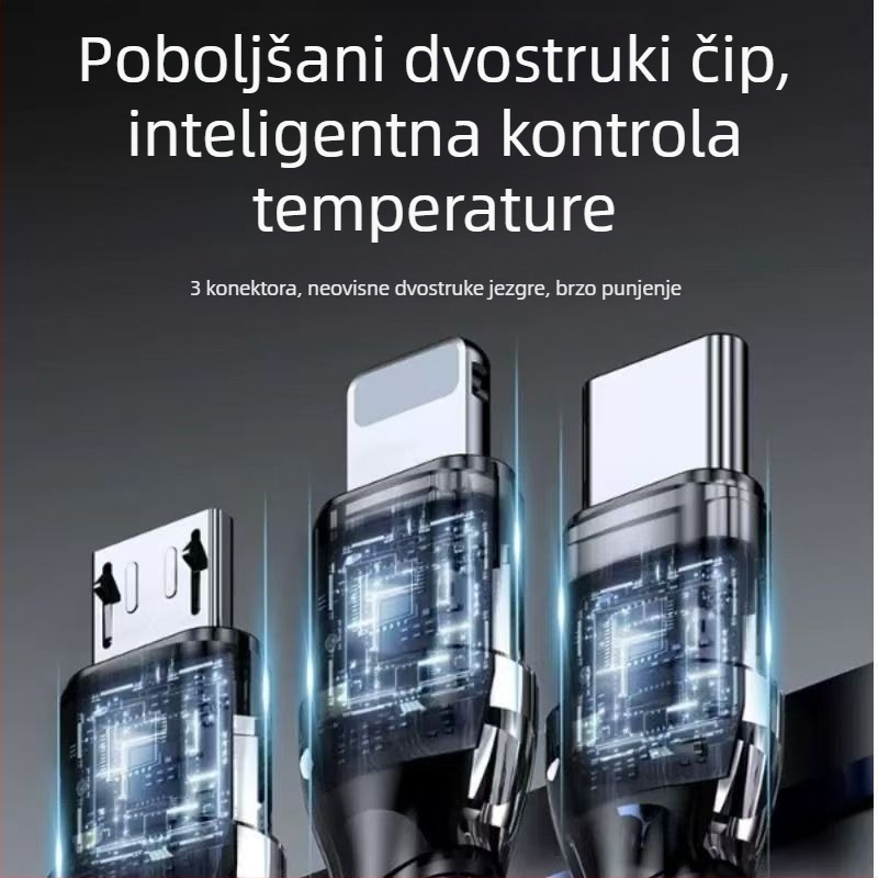Pleten USB-C kabel 3-u-1, 120W, brzo punjenje, kompatibilan s Huawei i Apple uređajima