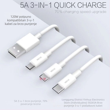 1,2 m 3-u-1 kabel za prijenos podataka i napajanje, brzo punjenje, kompatibilan s Apple i Huawei