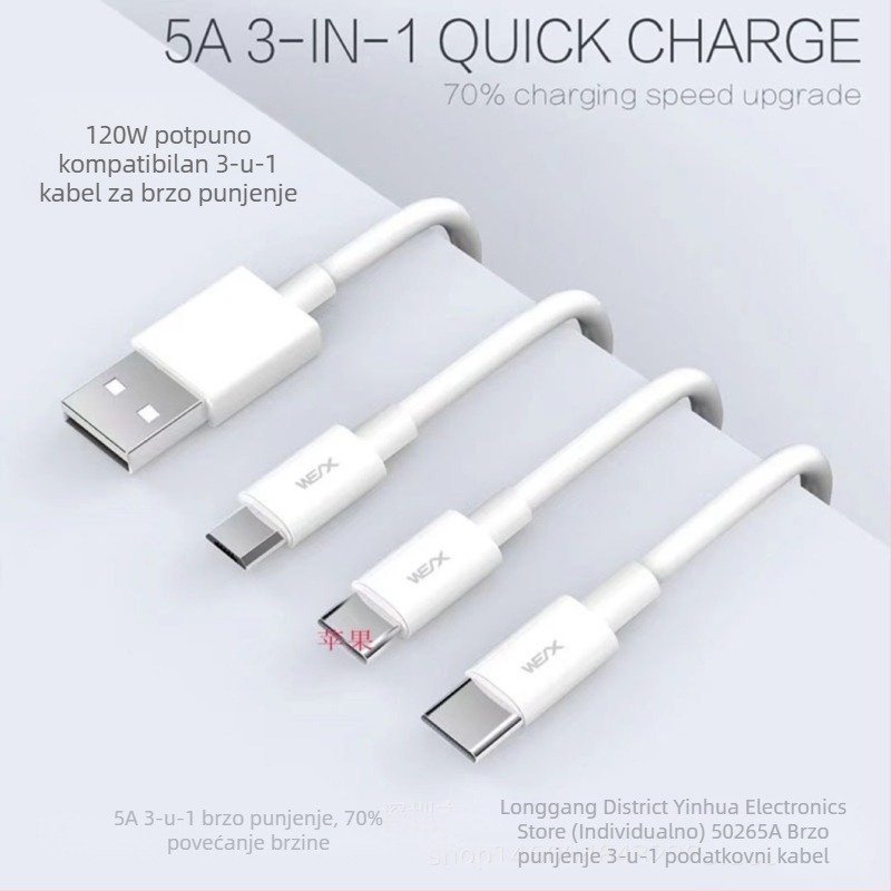 1,2 m 3-u-1 kabel za prijenos podataka i napajanje, brzo punjenje, kompatibilan s Apple i Huawei