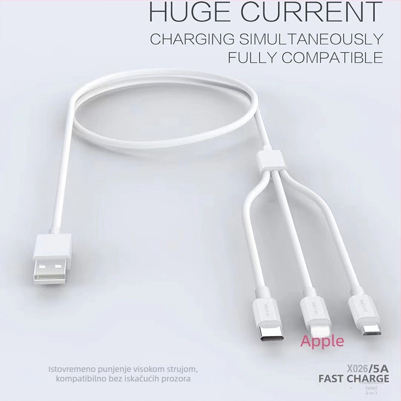 1,2 m 3-u-1 kabel za prijenos podataka i napajanje, brzo punjenje, kompatibilan s Apple i Huawei