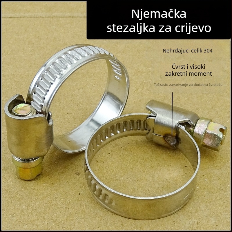 Nehrđajući čelična stezaljka za crijevo, debela i snažna, za učvršćivanje slavina, vodovodnih i uljnih cijevi.