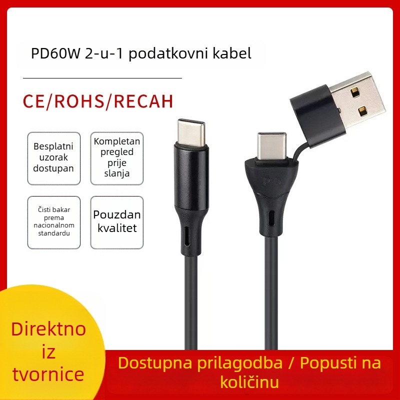 PD 60W USB-C na USB-C kabel s dvije glave, 2u1 podatkovni kabel za Huawei Android telefone, duljina 0.5–1 m