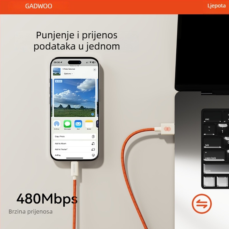 Gadwoo pleteni kabel za brzo punjenje s Lightning konektorom, duljina 0,5–1 m, 2-u-1, narančaste boje