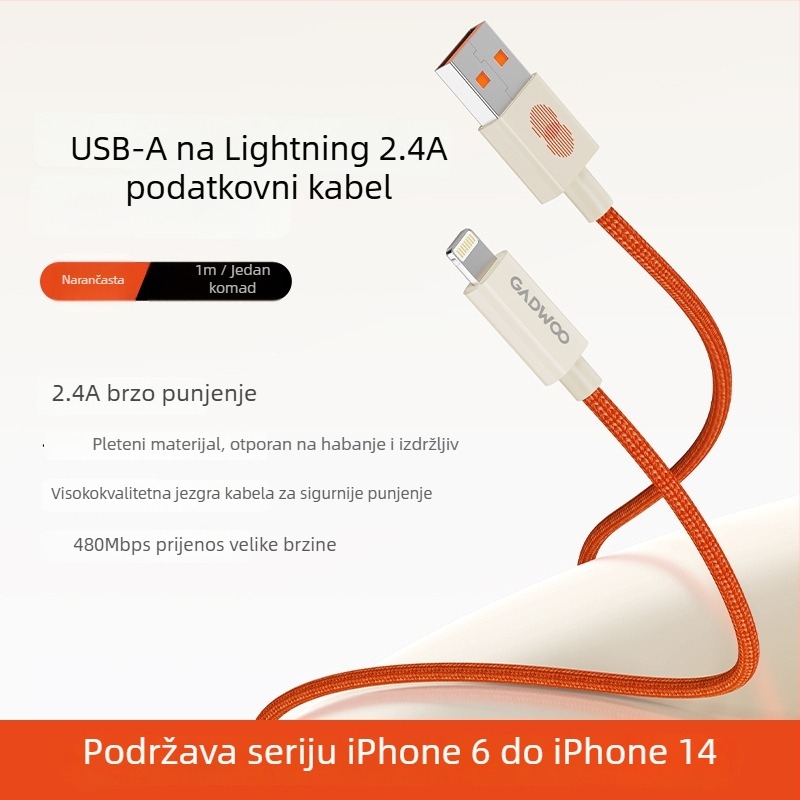 Gadwoo pleteni kabel za brzo punjenje s Lightning konektorom, duljina 0,5–1 m, 2-u-1, narančaste boje