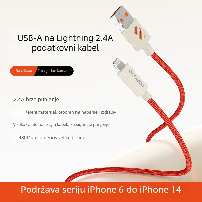 Gadwoo pleteni kabel za brzo punjenje s Lightning konektorom, duljina 0,5–1 m, 2-u-1, narančaste boje