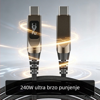 240W kabel za brzo punjenje s digitalnim prikazom, od cinkove legure, USB Type-C, pleteni, duljina 1–2 m, Huawei, Apple i Android