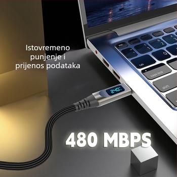 240W kabel za brzo punjenje s digitalnim prikazom, od cinkove legure, USB Type-C, pleteni, duljina 1–2 m, Huawei, Apple i Android