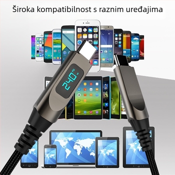 240W kabel za brzo punjenje s digitalnim prikazom, od cinkove legure, USB Type-C, pleteni, duljina 1–2 m, Huawei, Apple i Android