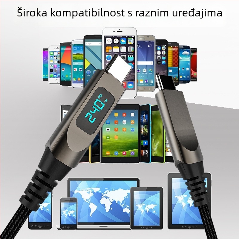 240W kabel za brzo punjenje s digitalnim prikazom, od cinkove legure, USB Type-C, pleteni, duljina 1–2 m, Huawei, Apple i Android