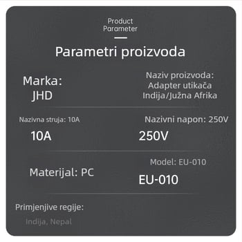 EU-010 Europski pretvarač utičnice, 3-položni adapter prema indijskim propisima