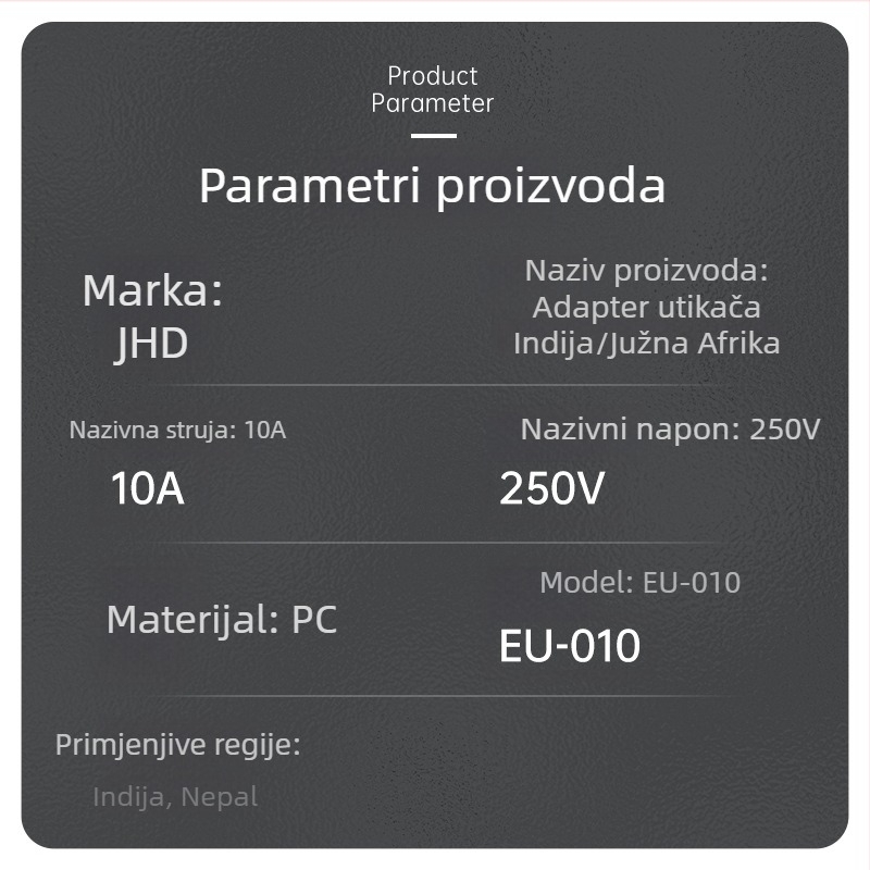 EU-010 Europski pretvarač utičnice, 3-položni adapter prema indijskim propisima