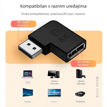 DisplayPort 8K kutni adapter, 90° kut, DP muški i ženski konektori, produžni spoj 1.4/1.2