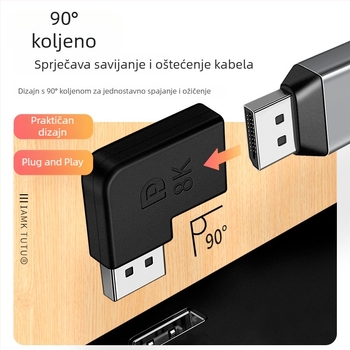DisplayPort 8K kutni adapter, 90° kut, DP muški i ženski konektori, produžni spoj 1.4/1.2