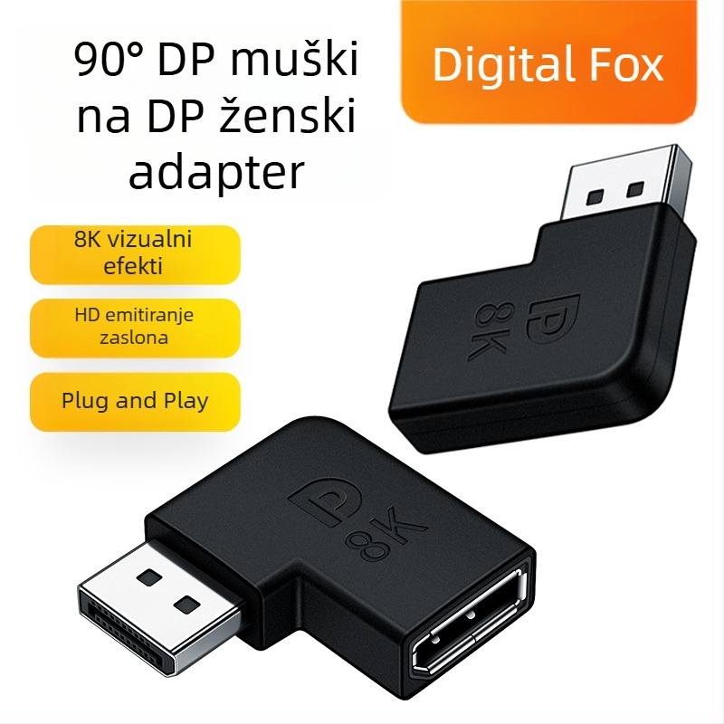 DisplayPort 8K kutni adapter, 90° kut, DP muški i ženski konektori, produžni spoj 1.4/1.2