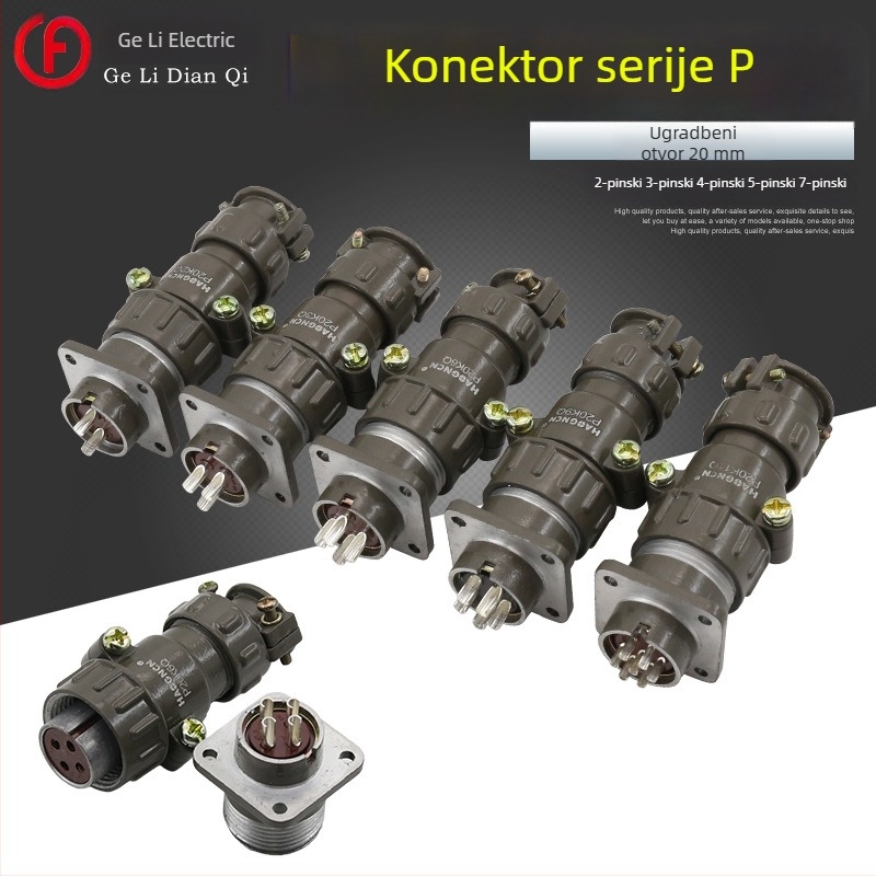 P20 kružni spojnik, avionska utičnica i utikač, butt-tip spoj, promjer 20 mm, 2–7 vodova