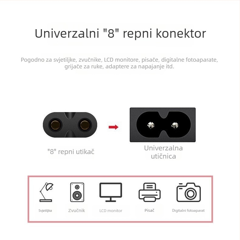 Argentinski dvopinski kabel za napajanje s ovalnim utikačem i utikačem u obliku osmerokuta za audio opremu i stolne lampe