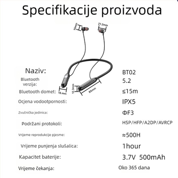 Bluetooth slušalice za vrat s velikom baterijom, utorom za karticu, stereo, vodootporne, Bluetooth 5.0
