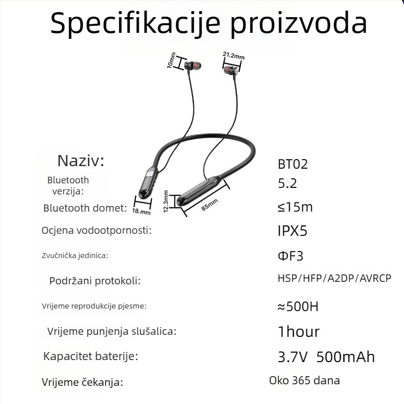 Bluetooth slušalice za vrat s velikom baterijom, utorom za karticu, stereo, vodootporne, Bluetooth 5.0