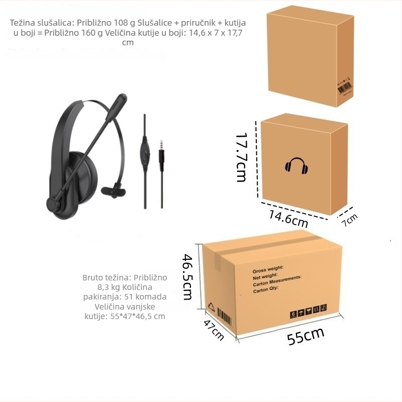 USB žični headset za korisničku podršku, preko uha, avijacijskog stila, za vozače kamiona