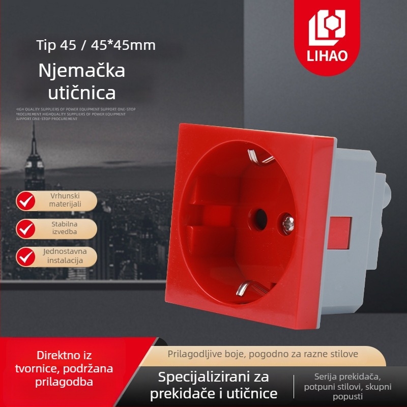Ugradbeni modul prekidača za zidnu utičnicu, crvena, tip 45, njemački standard.