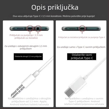 Žične in-ear slušalice s 3,5 mm kružnim utorom i Type-C plosatim priključkom, s mikrofonom, karaoke digitalni zvuk, potpuno kompatibilne