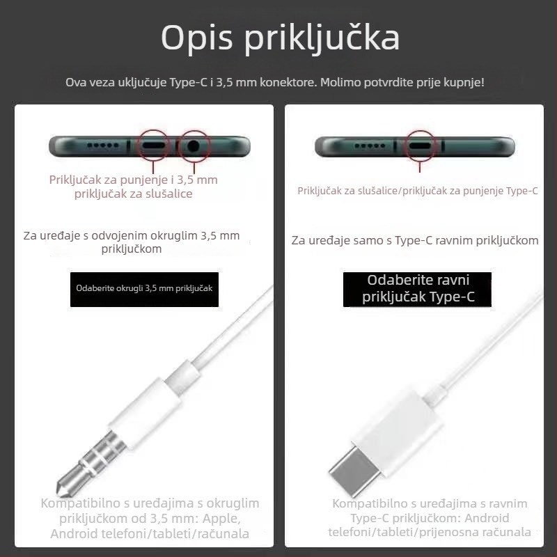 Žične in-ear slušalice s 3,5 mm kružnim utorom i Type-C plosatim priključkom, s mikrofonom, karaoke digitalni zvuk, potpuno kompatibilne
