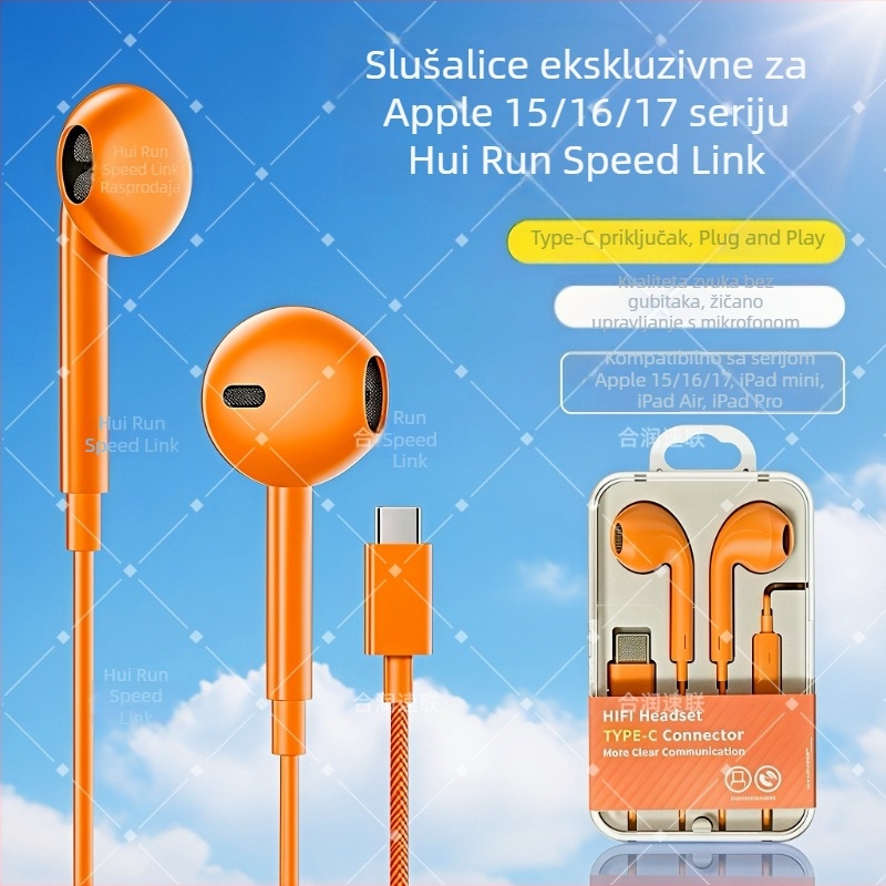 Narančaste Type-C žičane in-ear slušalice, 1,2 m, kompatibilne s iPhone 15 i Huawei uređajima
