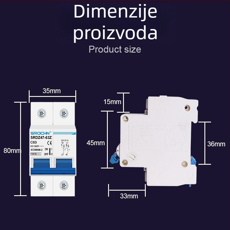 DC mikroprekidač za fotonaponsku distribuciju energije, 1000V/500V DC, SRDZ47-63Z serija
