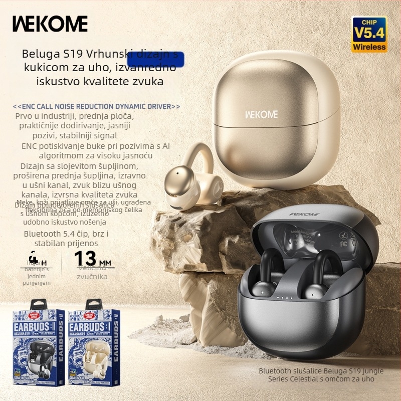 Wekome Bluetooth slušalice s klipsom za uho, Bluetooth 5.4, pravi bežični, sportske, dugotrajna baterija, dizajn za uho