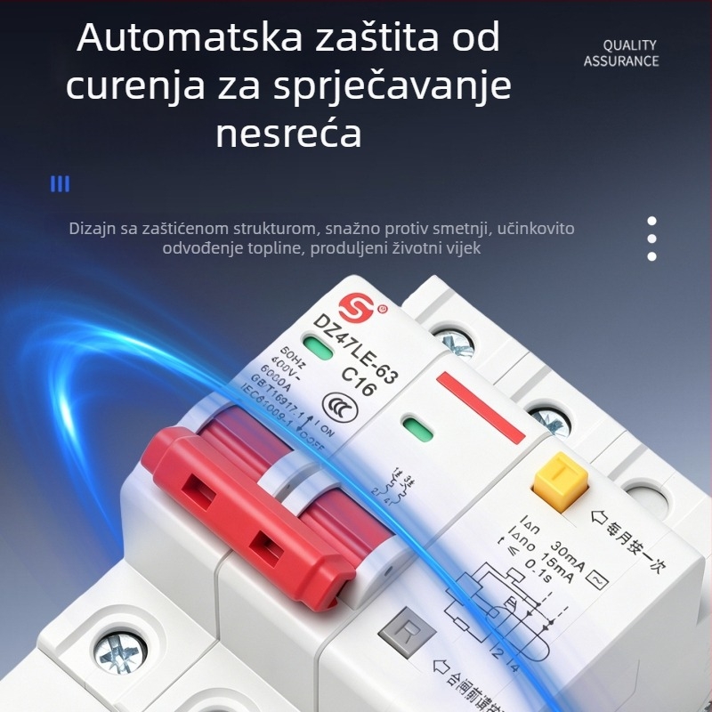 DZ47LE-63 Zaštita od curenja struje, prekidač kruga, zračni prekidač za kućnu upotrebu, zaštita od kratkog spoja i preopterećenja