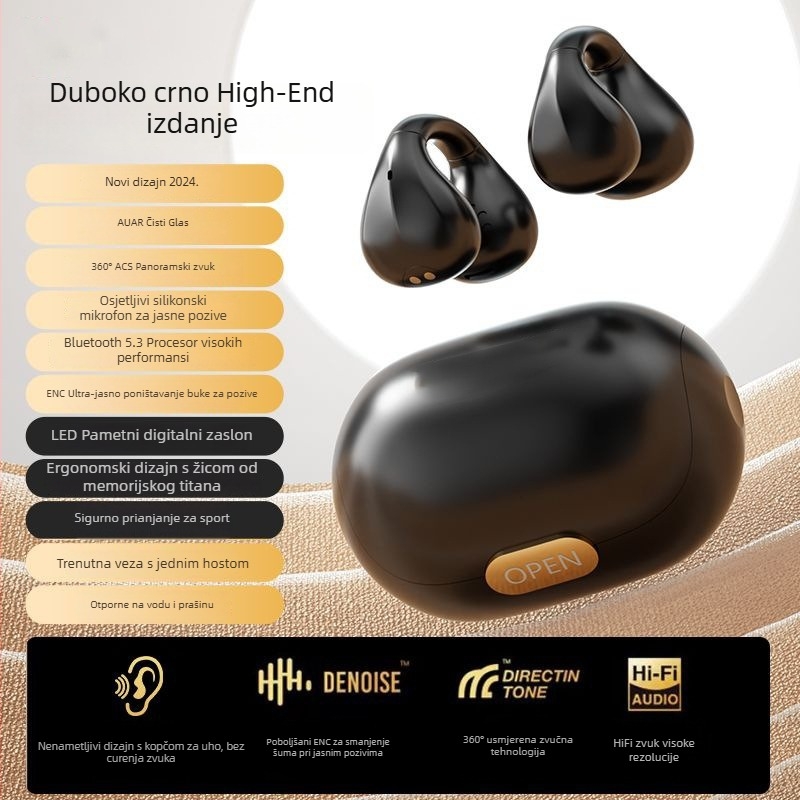 Bluetooth slušalice s klipsom za uho i digitalnim zaslonom, Bluetooth 5.3, IPX6 vodootpornost, sportski stil, bežične stereo slušalice s klipsom, privatni model, trajanje baterije 4-8 sati