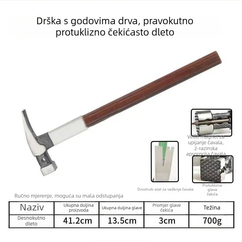 Čekić s vlaknastom drškom i magnetskom glavom, električarski i stolarski čekić, industrijske klase alat za vađenje čavli